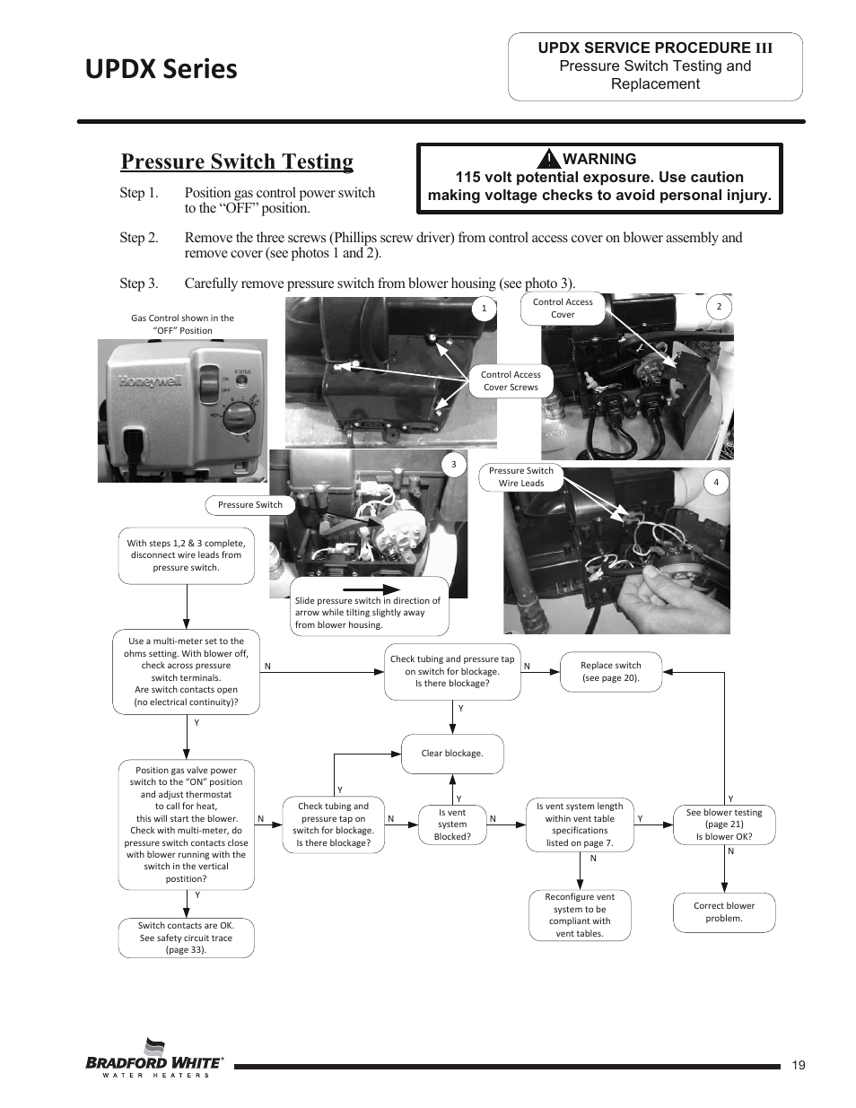 Updx series, Pressure switch testing | Bradford White UPDX2-75T6FRN User Manual | Page 19 / 44