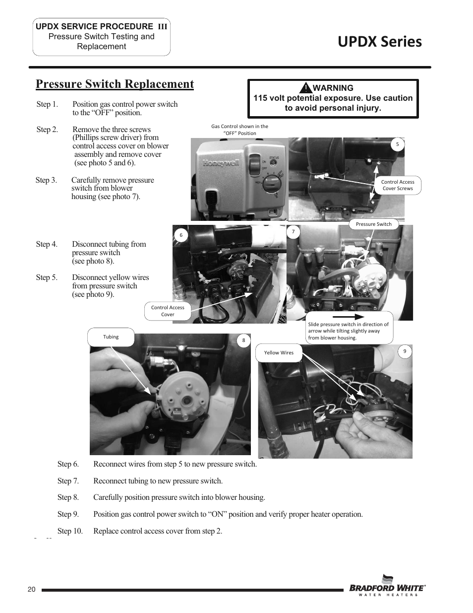 Updx series, Pressure switch replacement | Bradford White UPDX2-75T6FRN User Manual | Page 20 / 44