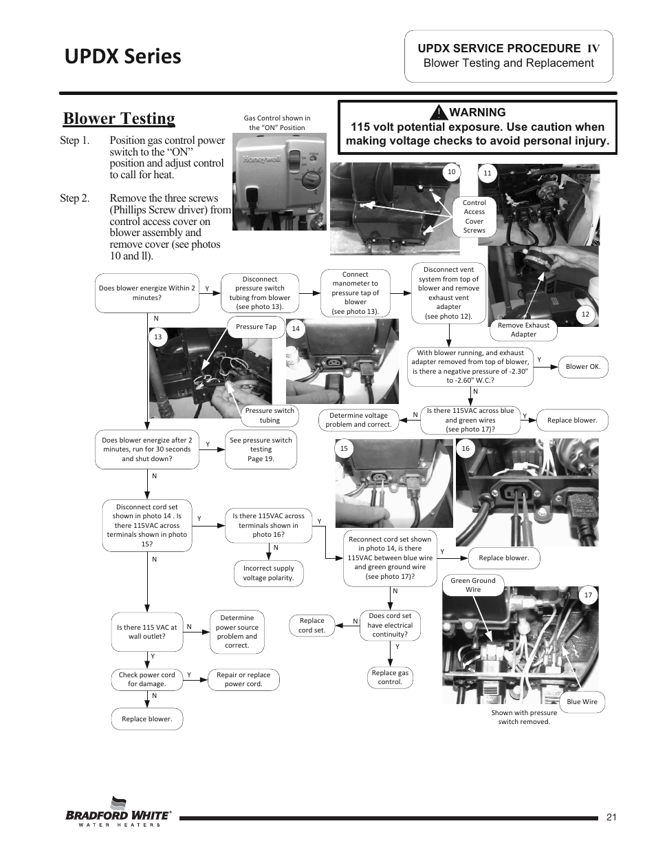 Updx series, Blower testing | Bradford White UPDX2-75T6FRN User Manual | Page 21 / 44