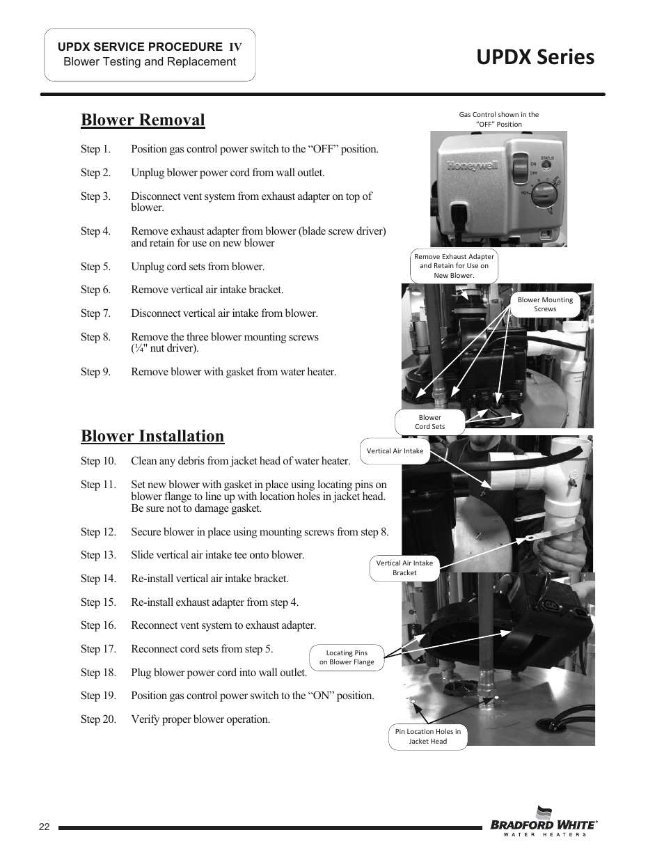 Updx series, Blower removal blower installation | Bradford White UPDX2-75T6FRN User Manual | Page 22 / 44