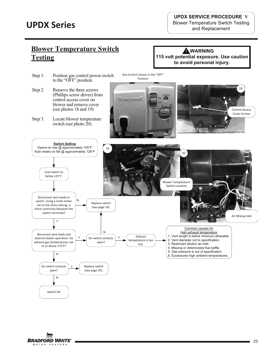 Updx series, Blower temperature switch testing | Bradford White UPDX2-75T6FRN User Manual | Page 23 / 44