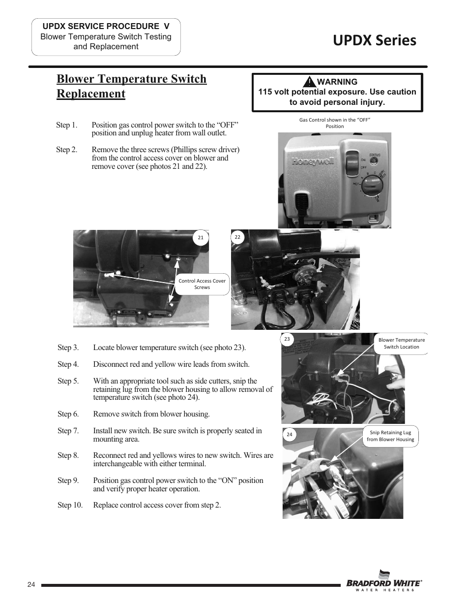 Updx series, Blower temperature switch replacement | Bradford White UPDX2-75T6FRN User Manual | Page 24 / 44