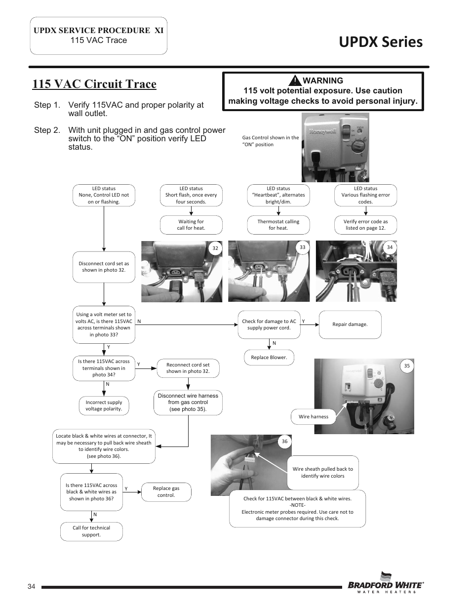 Updx series, 115 vac circuit trace, Updx service procedure xi 115 vac trace | Bradford White UPDX2-75T6FRN User Manual | Page 34 / 44