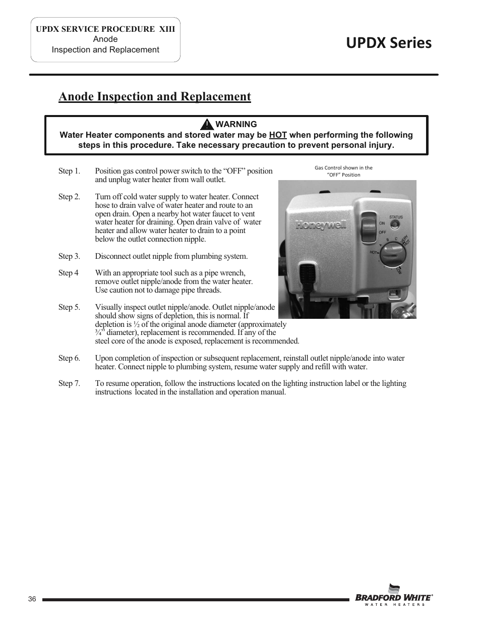 Updx series, Anode inspection and replacement | Bradford White UPDX2-75T6FRN User Manual | Page 36 / 44