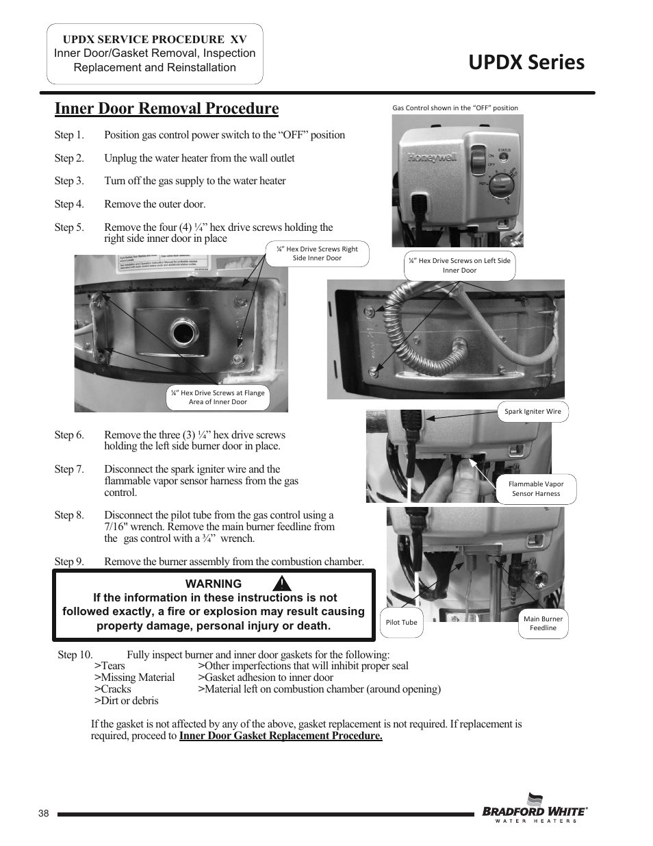 Updx series, Inner door removal procedure | Bradford White UPDX2-75T6FRN User Manual | Page 38 / 44