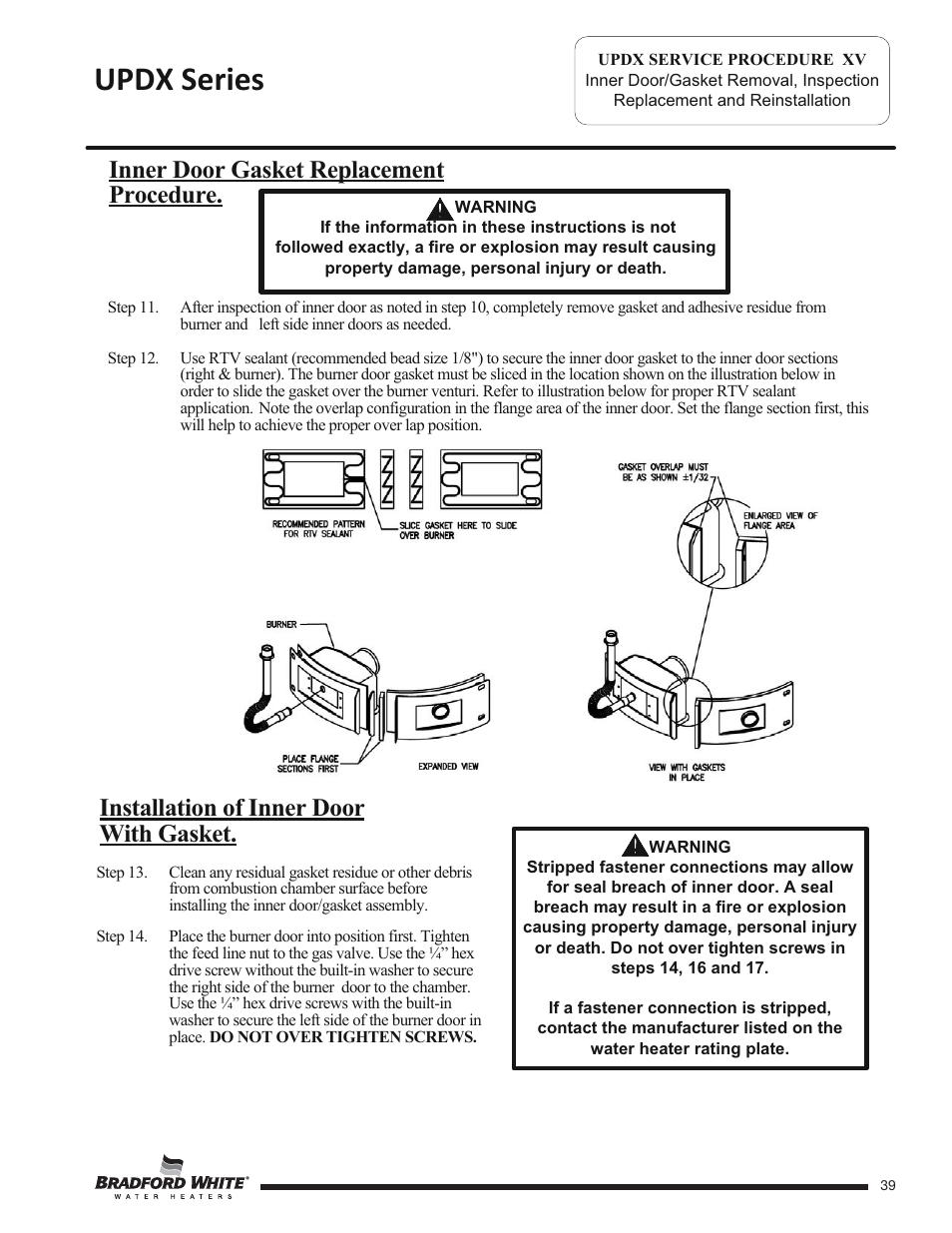 Updx series, Installation of inner door with gasket, Inner door gasket replacement procedure | Bradford White UPDX2-75T6FRN User Manual | Page 39 / 44