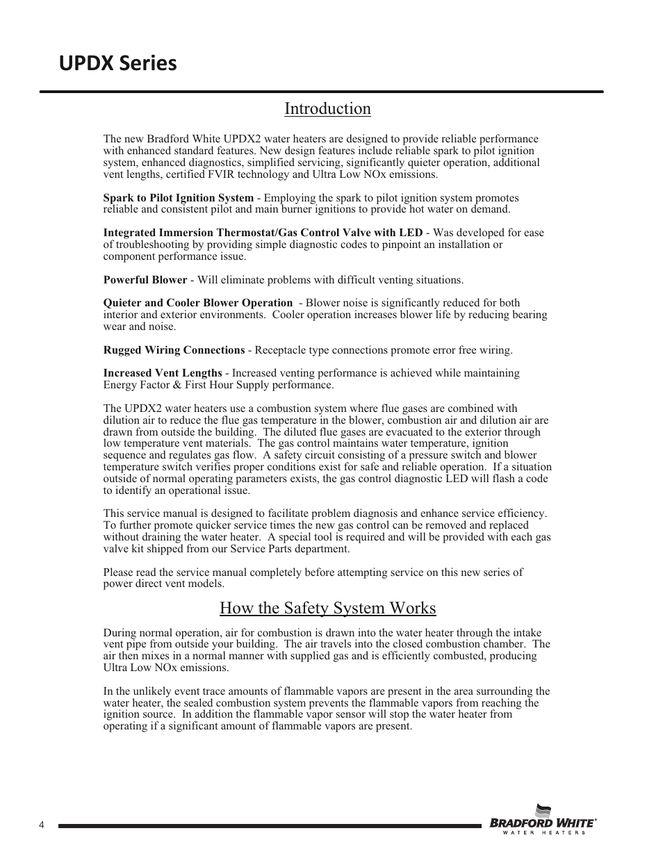 Updx series, Introduction, How the safety system works | Bradford White UPDX2-75T6FRN User Manual | Page 4 / 44