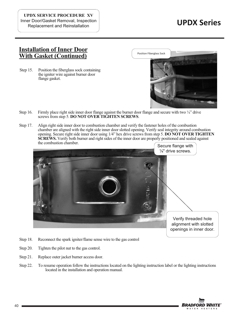 Updx series, Installation of inner door with gasket (continued) | Bradford White UPDX2-75T6FRN User Manual | Page 40 / 44