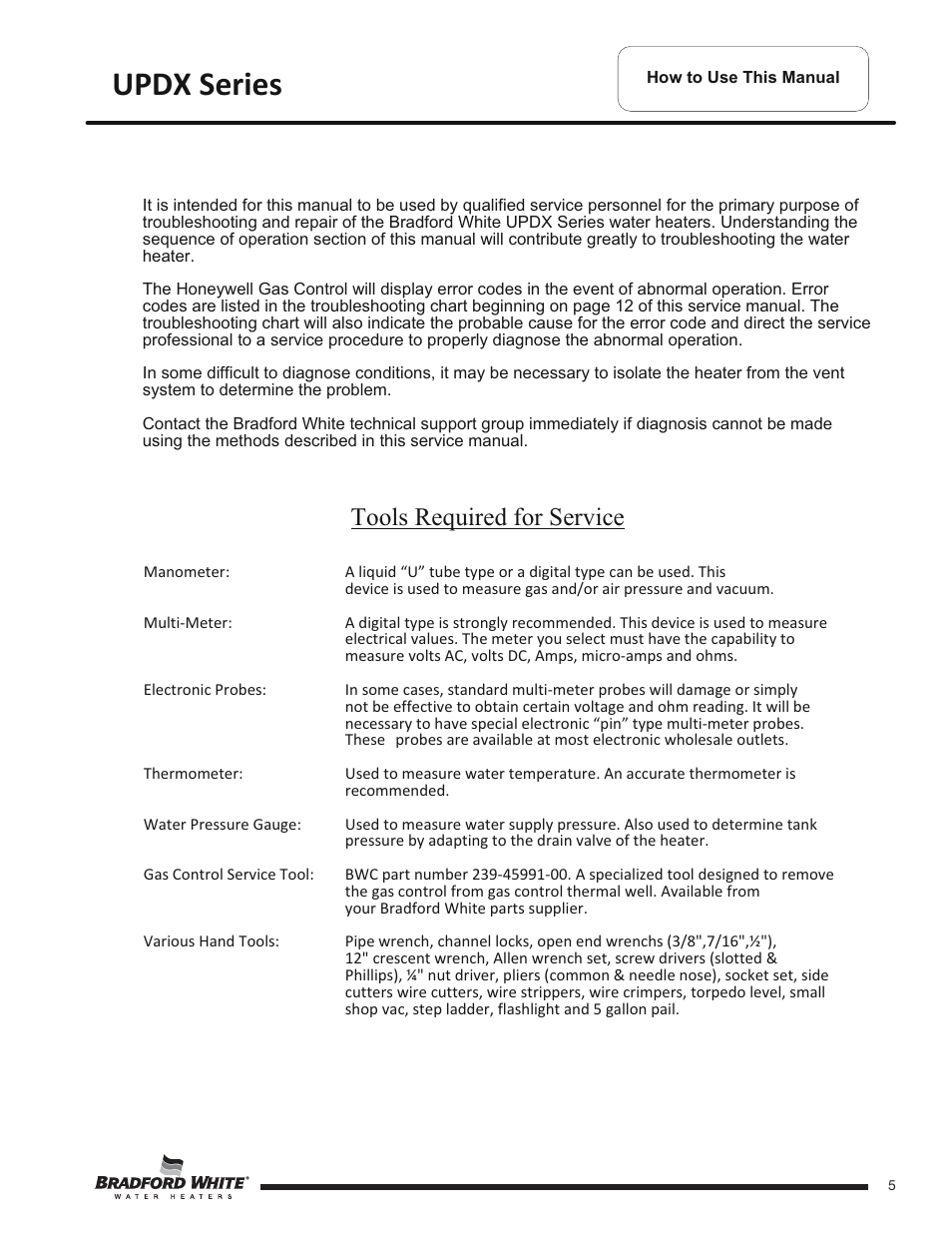 Updx series, Tools required for service | Bradford White UPDX2-75T6FRN User Manual | Page 5 / 44