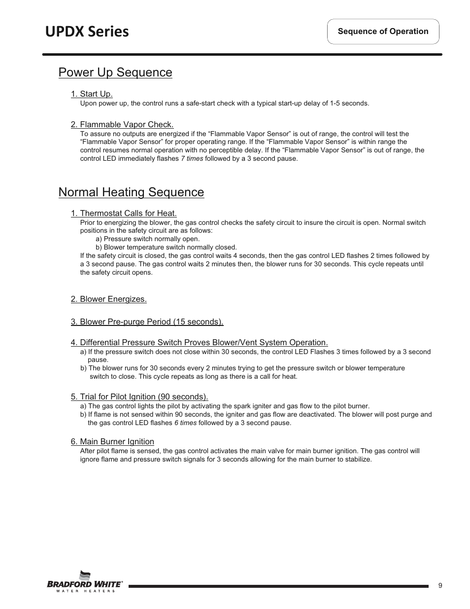 Updx series, Power up sequence, Normal heating sequence | Bradford White UPDX2-75T6FRN User Manual | Page 9 / 44