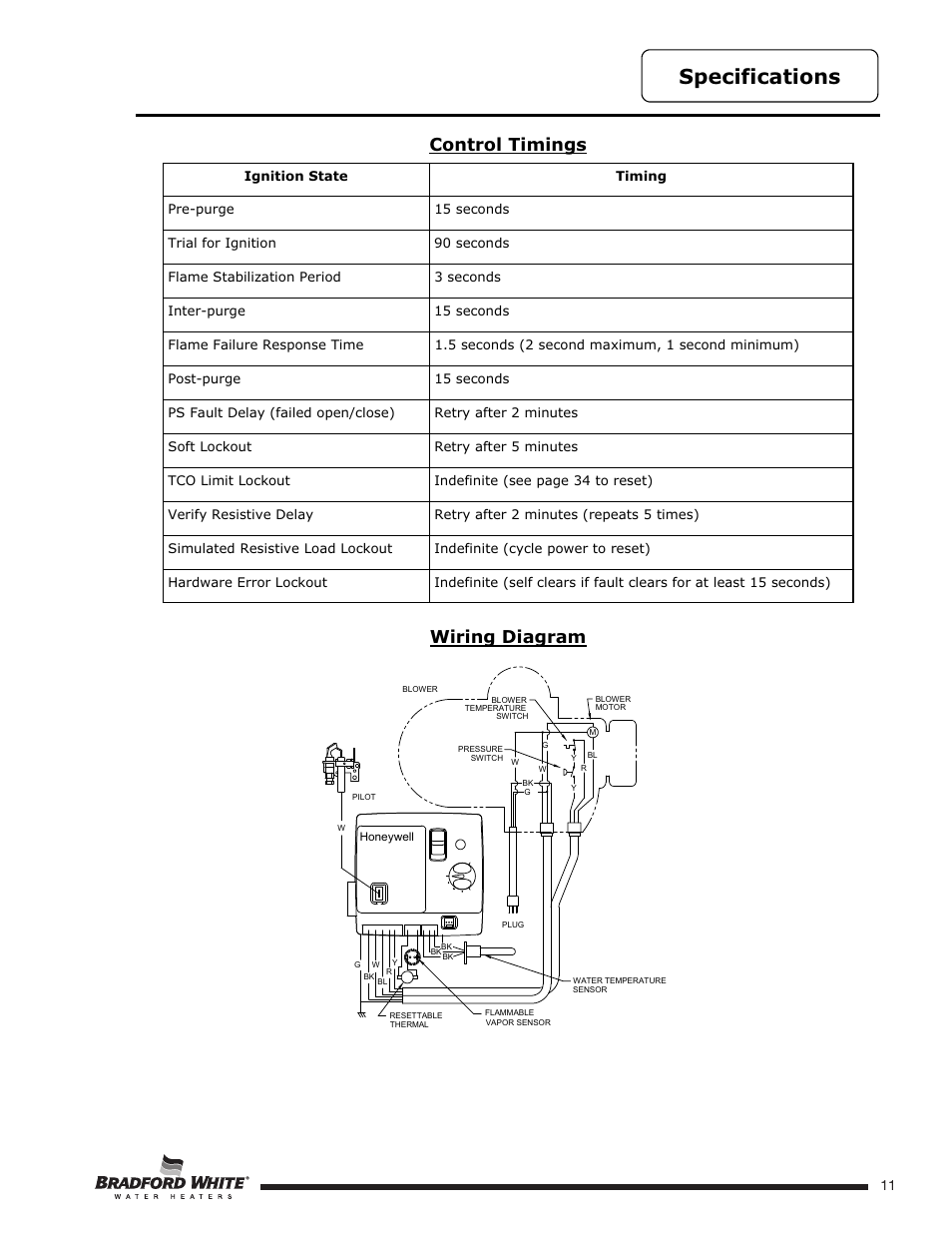 Specifications, Wiring diagram control timings | Bradford White U-TW4-75S-76R-3N User Manual | Page 11 / 52