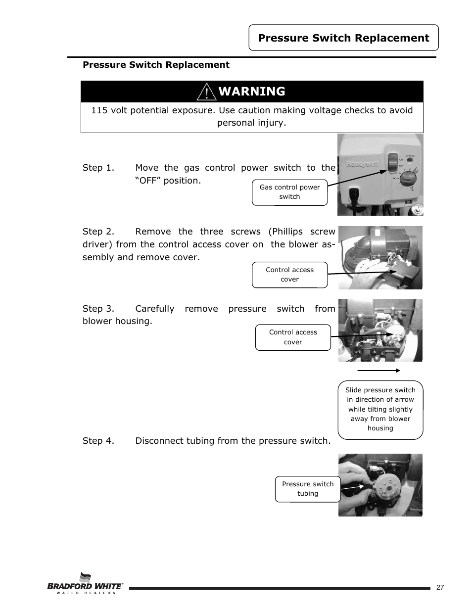 Warning, Pressure switch replacement | Bradford White U-TW4-75S-76R-3N User Manual | Page 27 / 52