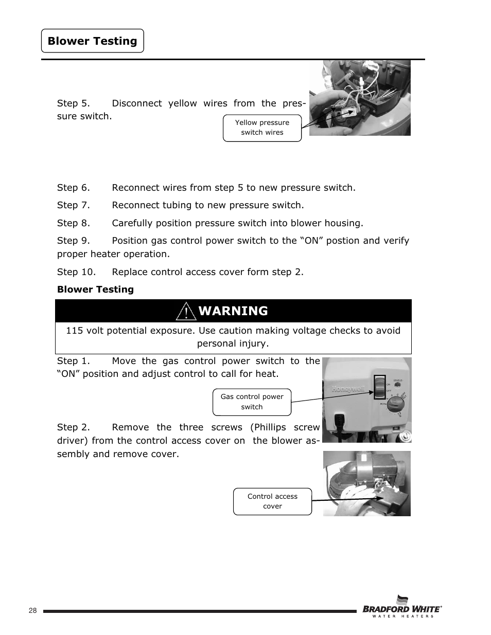 Warning, Blower testing | Bradford White U-TW4-75S-76R-3N User Manual | Page 28 / 52