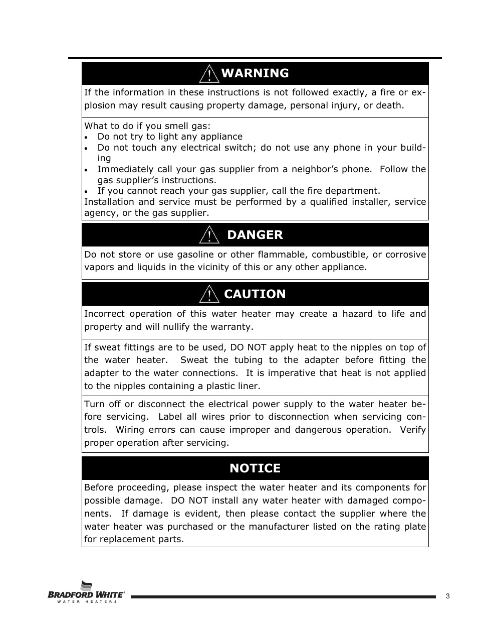 Warning, Caution, Danger | Notice | Bradford White U-TW4-75S-76R-3N User Manual | Page 3 / 52