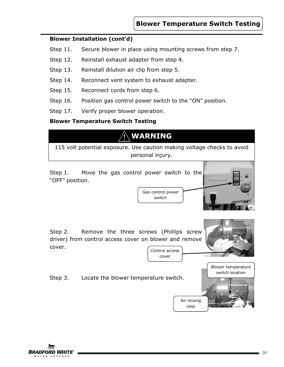 Warning, Blower temperature switch testing | Bradford White U-TW4-75S-76R-3N User Manual | Page 31 / 52