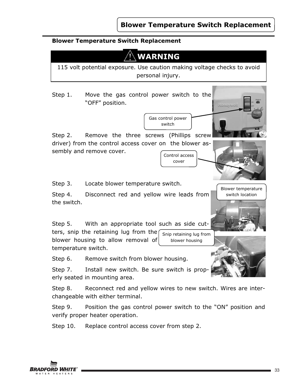 Warning, Blower temperature switch replacement | Bradford White U-TW4-75S-76R-3N User Manual | Page 33 / 52