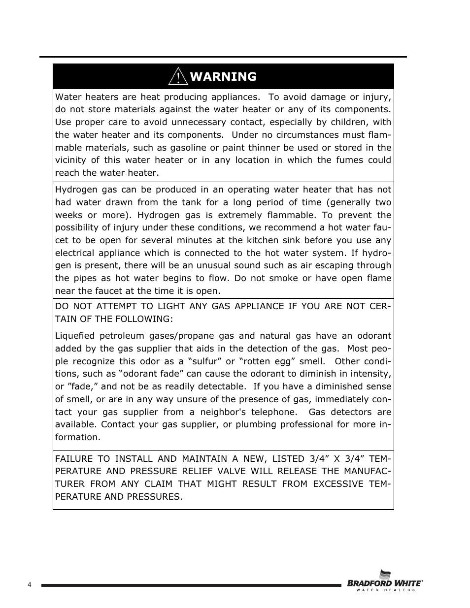 Warning | Bradford White U-TW4-75S-76R-3N User Manual | Page 4 / 52