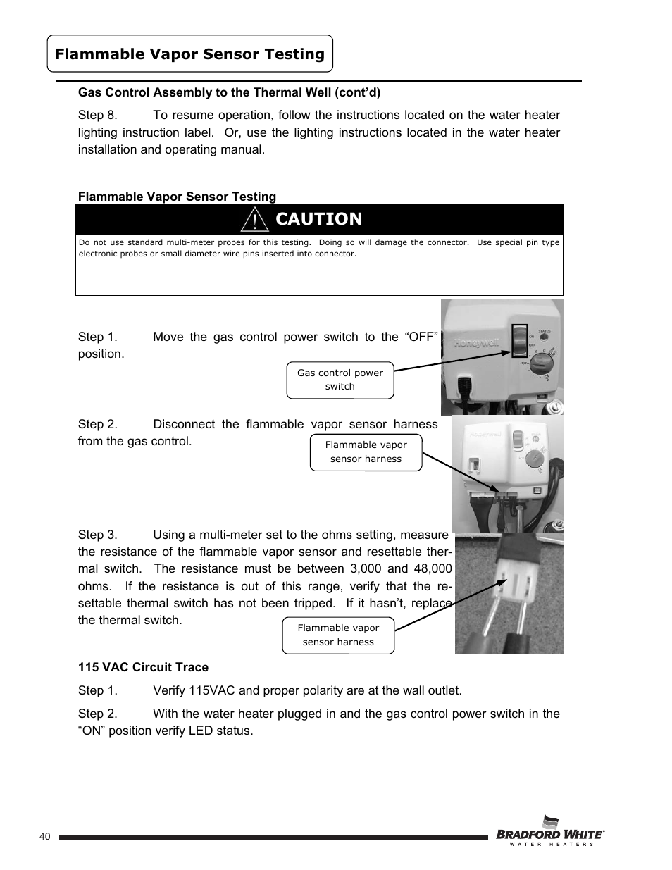 Caution, Flammable vapor sensor testing | Bradford White U-TW4-75S-76R-3N User Manual | Page 40 / 52