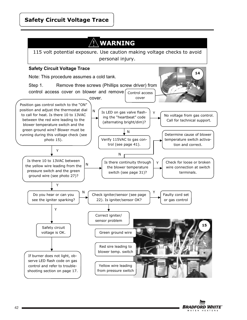 Warning, Safety circuit voltage trace | Bradford White U-TW4-75S-76R-3N User Manual | Page 42 / 52