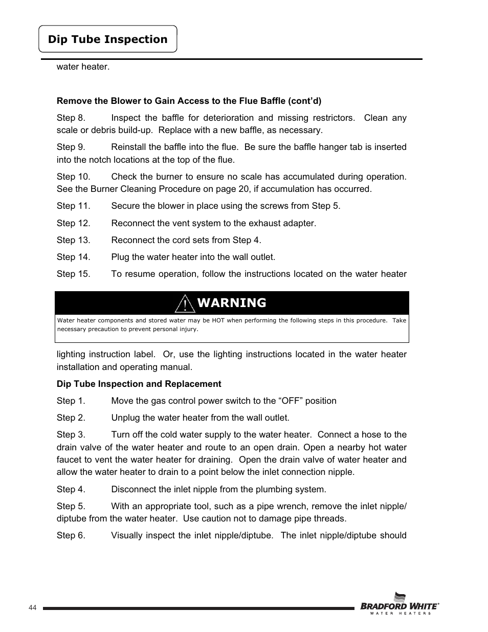 Warning | Bradford White U-TW4-75S-76R-3N User Manual | Page 44 / 52