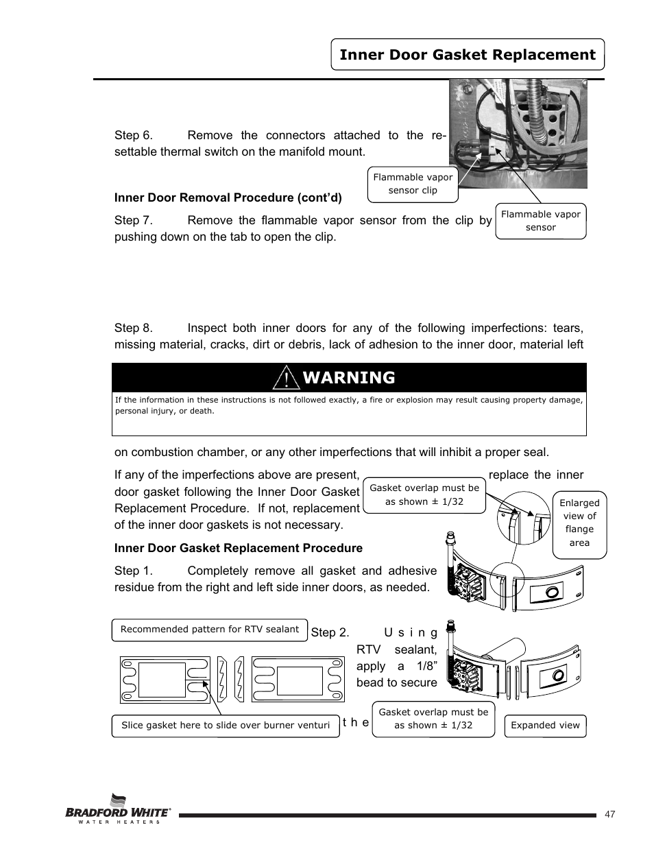 Warning, Inner door gasket replacement | Bradford White U-TW4-75S-76R-3N User Manual | Page 47 / 52