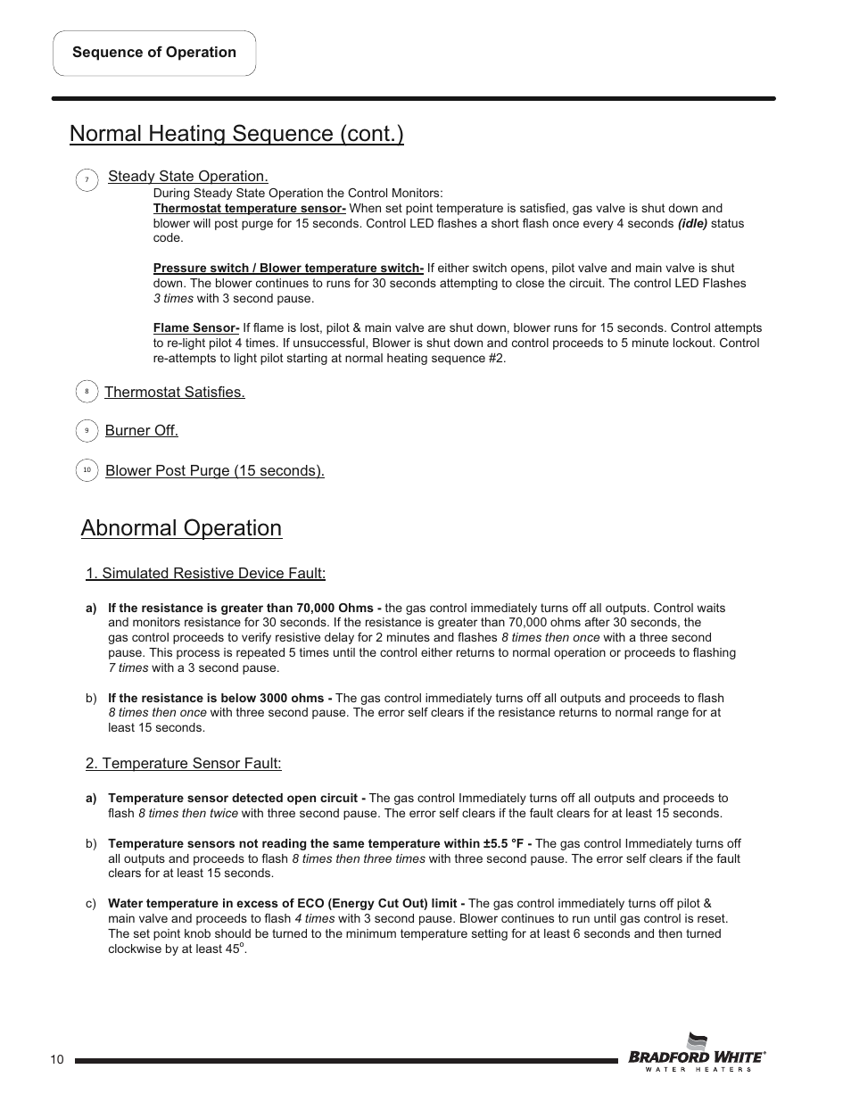 Abnormal operation, Normal heating sequence (cont.) | Bradford White U-TW4-75S-76R-3N User Manual | Page 10 / 40