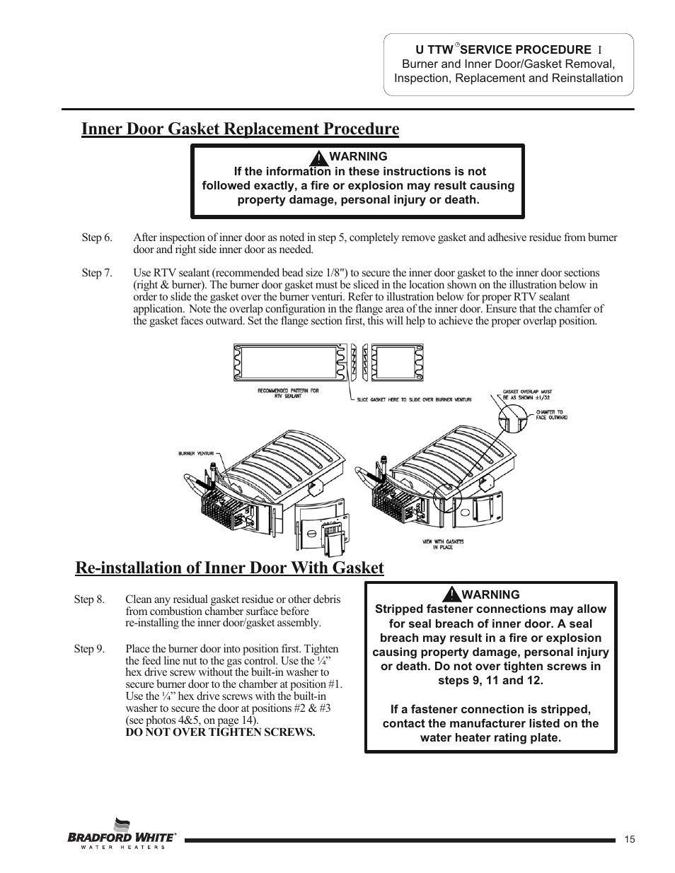 Re-installation of inner door with gasket, Inner door gasket replacement procedure | Bradford White U-TW4-75S-76R-3N User Manual | Page 15 / 40