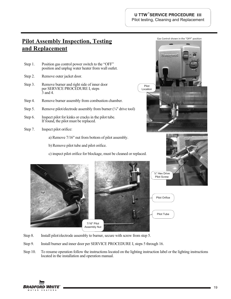 Pilot assembly inspection, testing and replacement | Bradford White U-TW4-75S-76R-3N User Manual | Page 19 / 40