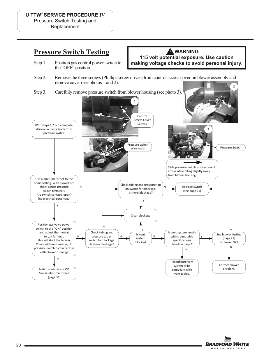 Pressure switch testing | Bradford White U-TW4-75S-76R-3N User Manual | Page 20 / 40