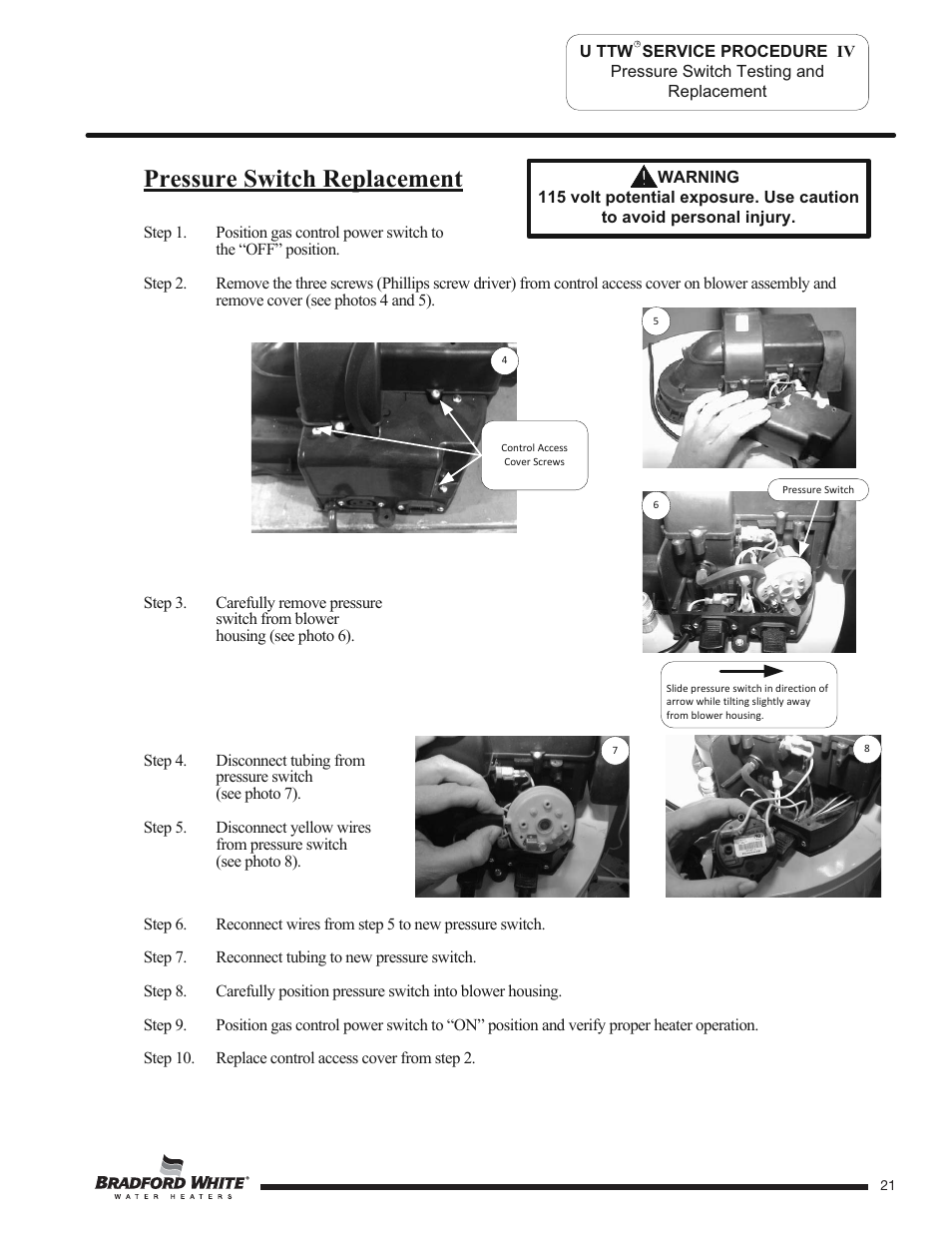 Pressure switch replacement | Bradford White U-TW4-75S-76R-3N User Manual | Page 21 / 40