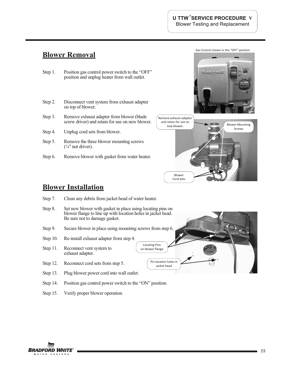 Blower removal blower installation | Bradford White U-TW4-75S-76R-3N User Manual | Page 23 / 40