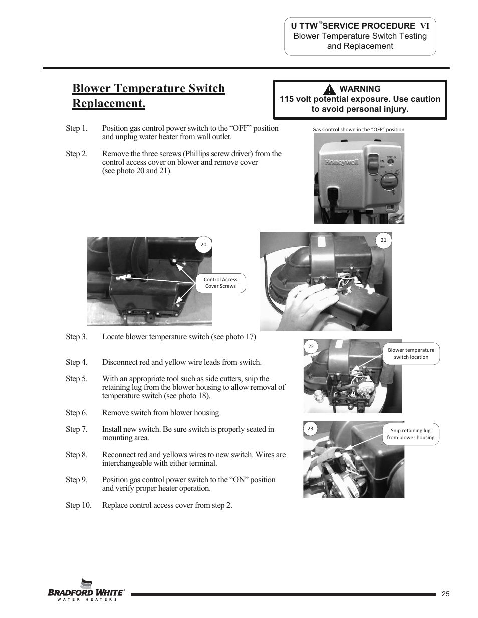 Blower temperature switch replacement | Bradford White U-TW4-75S-76R-3N User Manual | Page 25 / 40