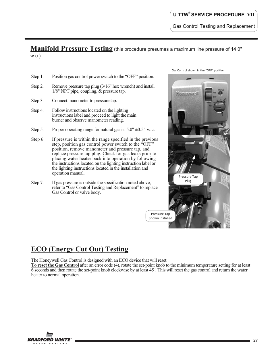 Eco (energy cut out) testing, Manifold pressure testing | Bradford White U-TW4-75S-76R-3N User Manual | Page 27 / 40