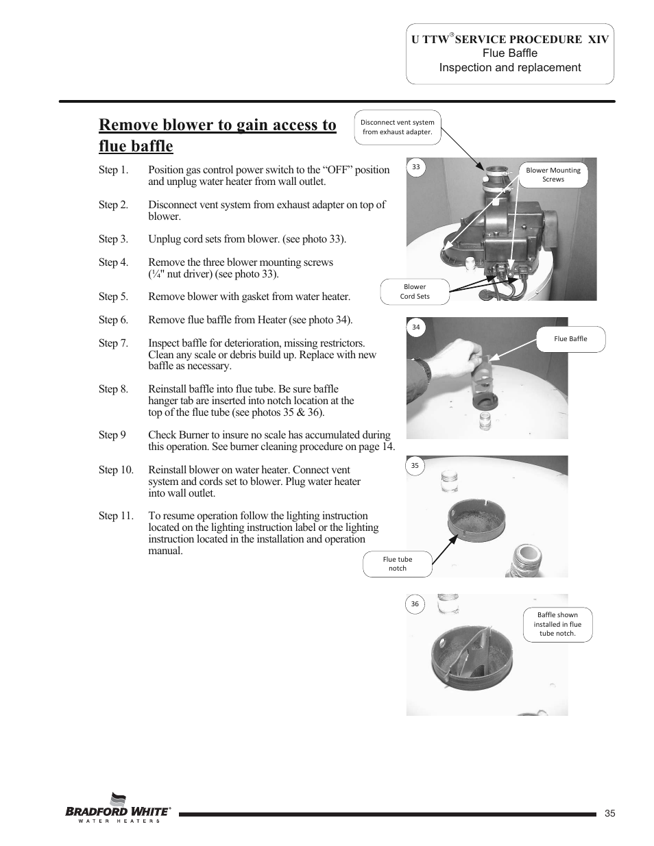 Remove blower to gain access to flue baffle | Bradford White U-TW4-75S-76R-3N User Manual | Page 35 / 40