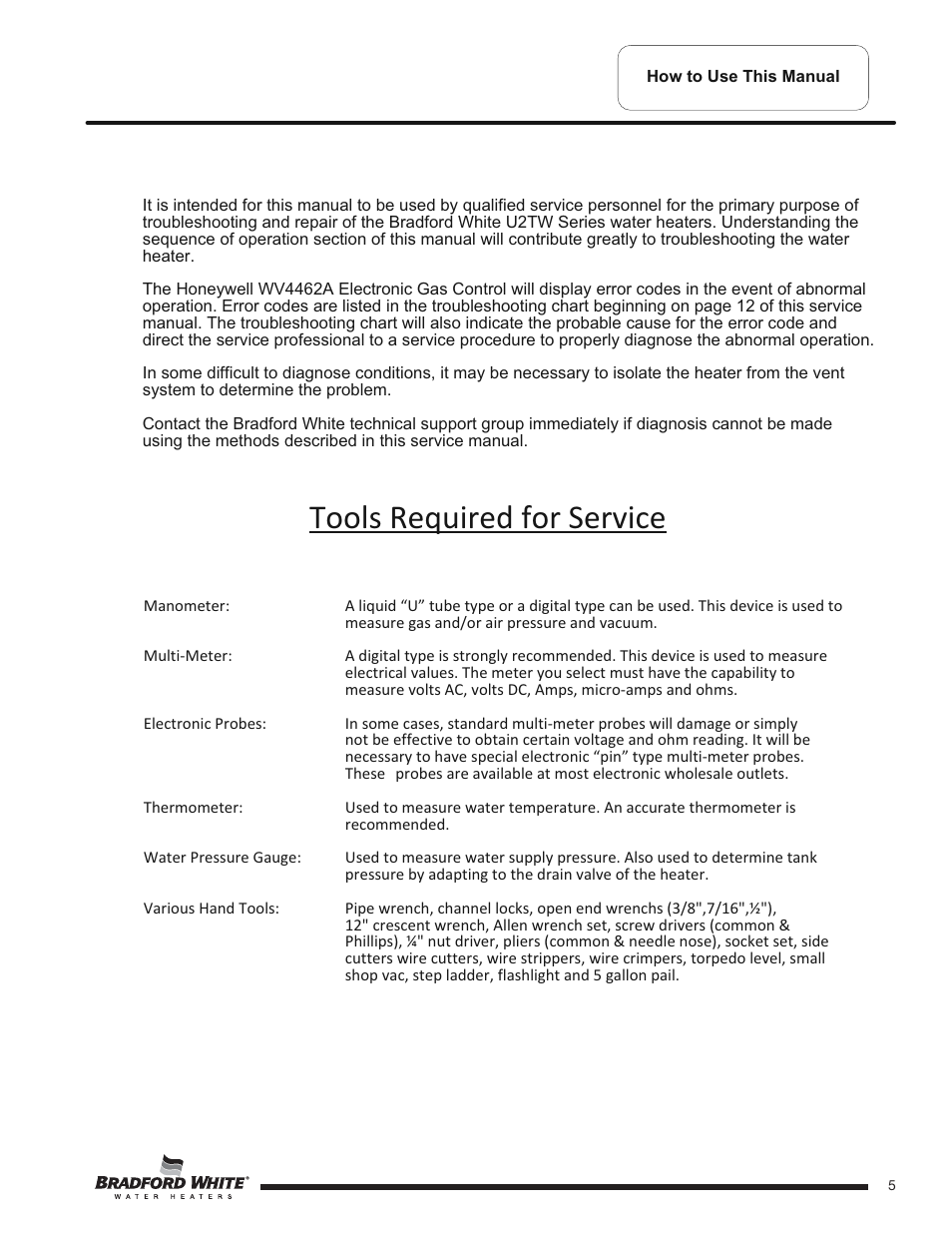 Tools required for service | Bradford White U-TW4-75S-76R-3N User Manual | Page 5 / 40