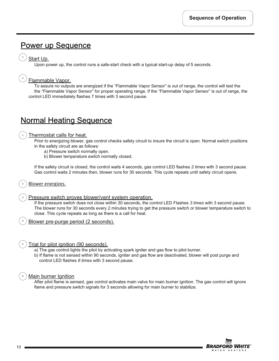 Sequence of operation thermostat calls for heat, Start up, Flammable vapor | Trial for pilot ignition (90 seconds), Main burner ignition | Bradford White TW4-75S-76B-3X User Manual | Page 10 / 40