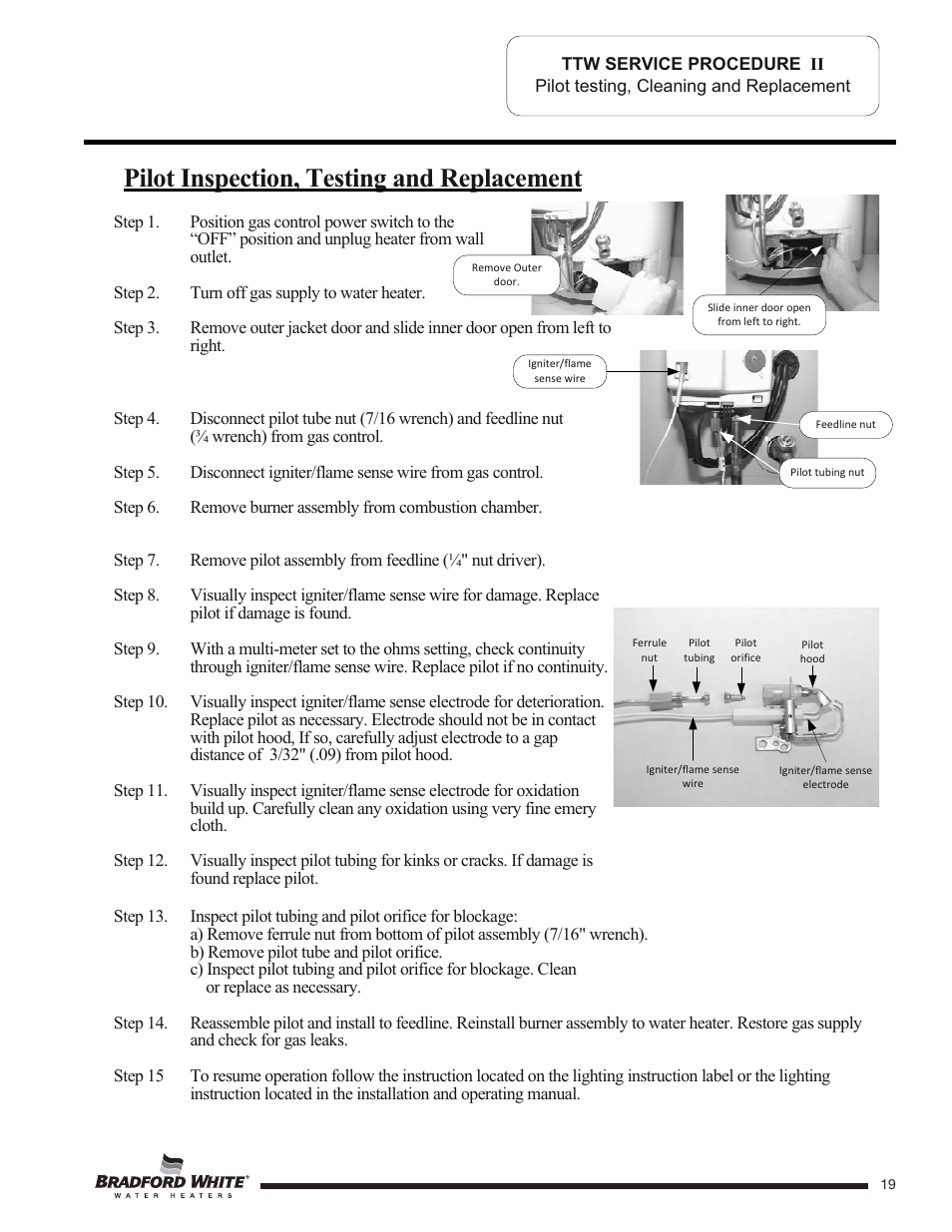 Pilot inspection, testing and replacement | Bradford White TW4-75S-76B-3X User Manual | Page 19 / 40