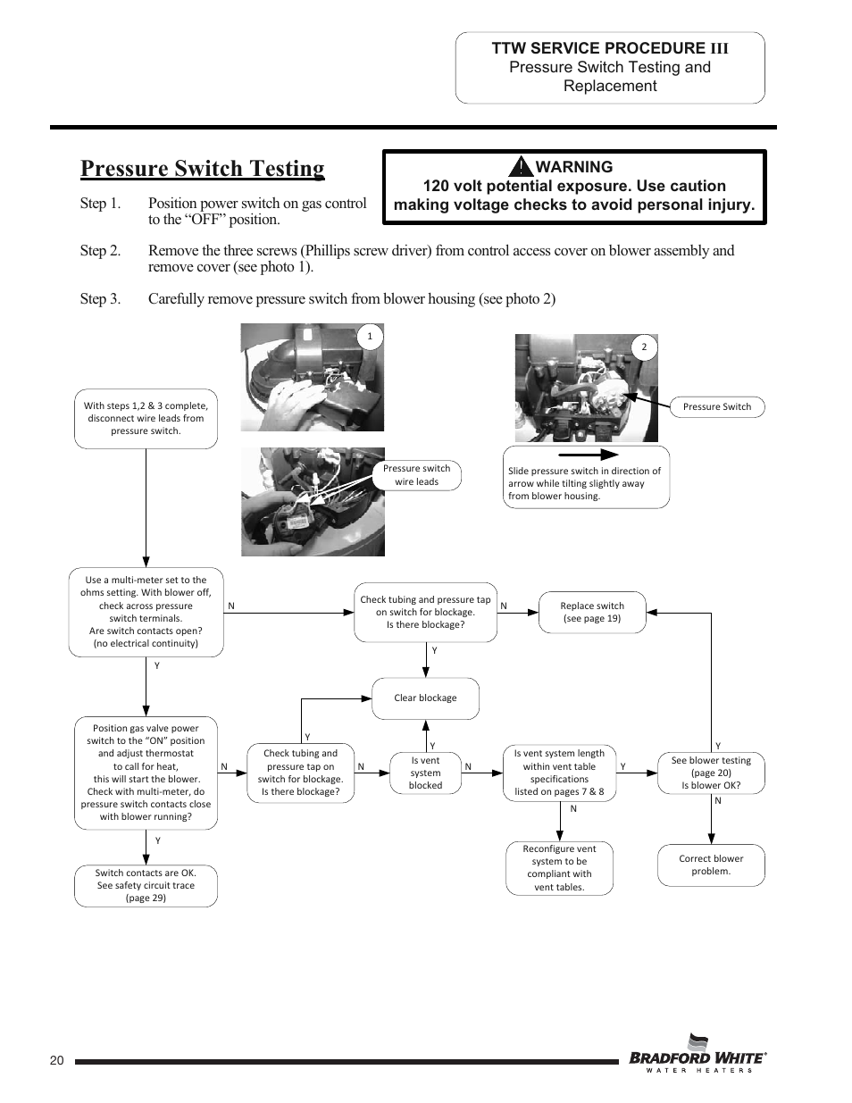 Pressure switch testing | Bradford White TW4-75S-76B-3X User Manual | Page 20 / 40