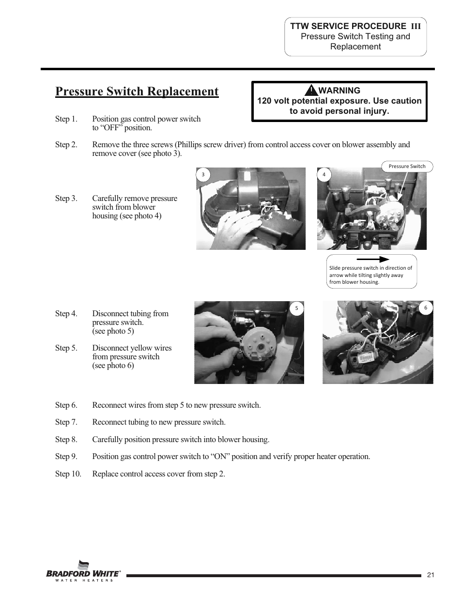 Pressure switch replacement | Bradford White TW4-75S-76B-3X User Manual | Page 21 / 40