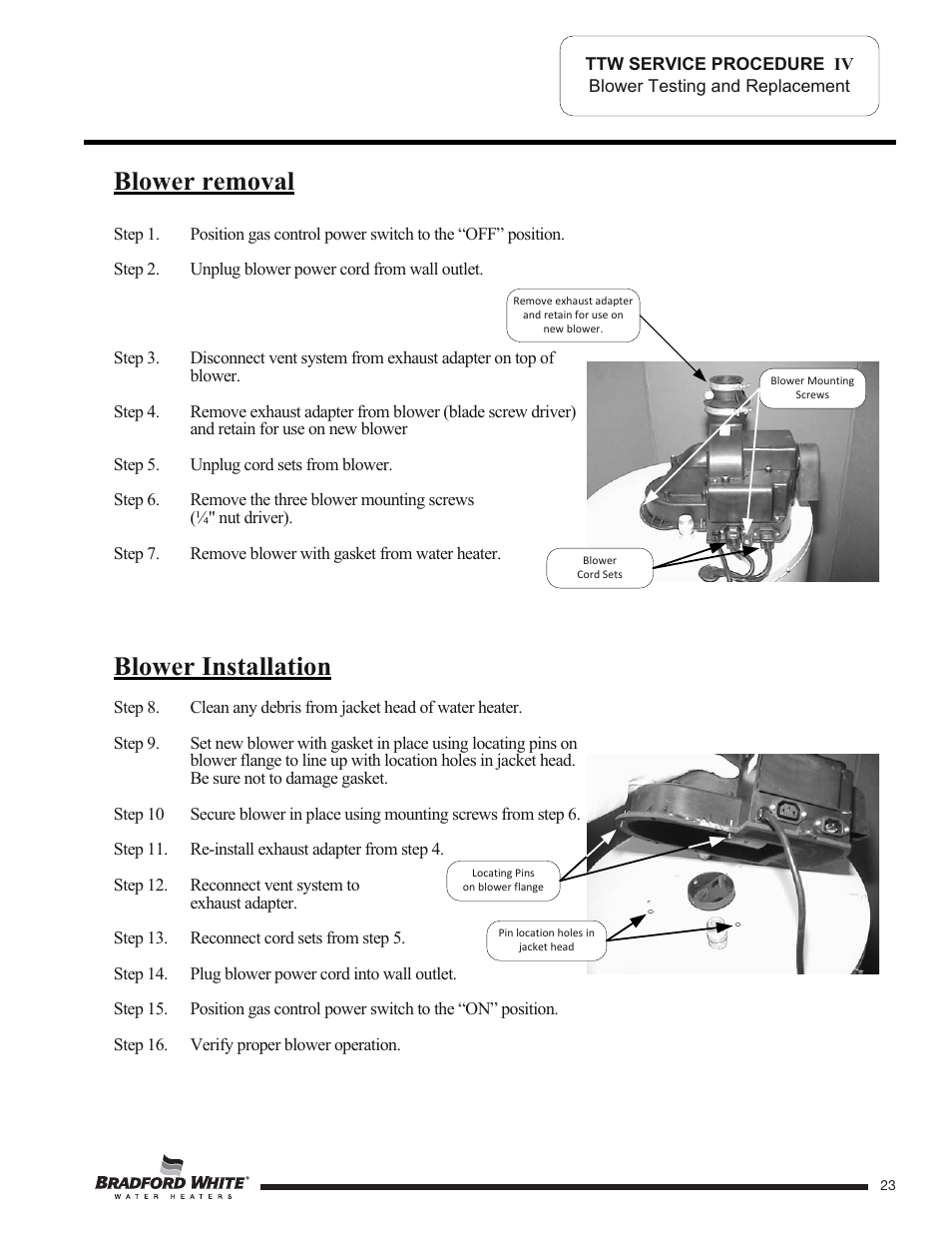 Blower removal blower installation | Bradford White TW4-75S-76B-3X User Manual | Page 23 / 40