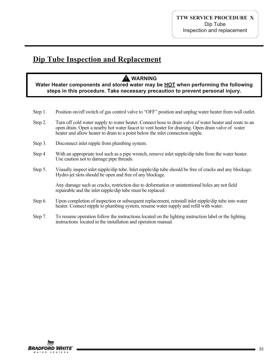 Dip tube inspection and replacement | Bradford White TW4-75S-76B-3X User Manual | Page 33 / 40