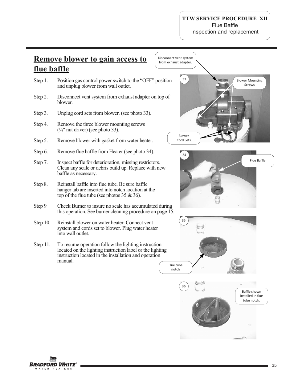 Remove blower to gain access to flue baffle | Bradford White TW4-75S-76B-3X User Manual | Page 35 / 40
