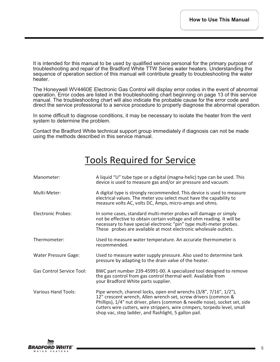 Tools required for service | Bradford White TW4-75S-76B-3X User Manual | Page 5 / 40