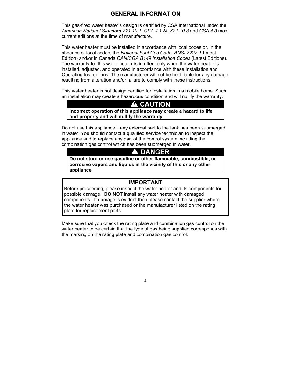 Caution, Danger | Bradford White TW4-75S-76B-3X User Manual | Page 4 / 40