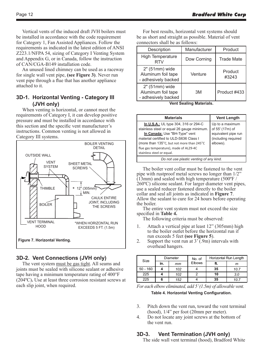 3d-1. horizontal venting - category iii (jvh only), 3d-2. vent connections (jvh only), 3d-3. vent termination (jvh only) | Bradford White BJVS225 User Manual | Page 12 / 40