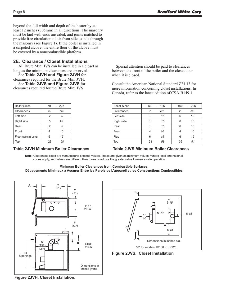 2e. clearance / closet installations, Bradford white corp | Bradford White BJVS225 User Manual | Page 8 / 40