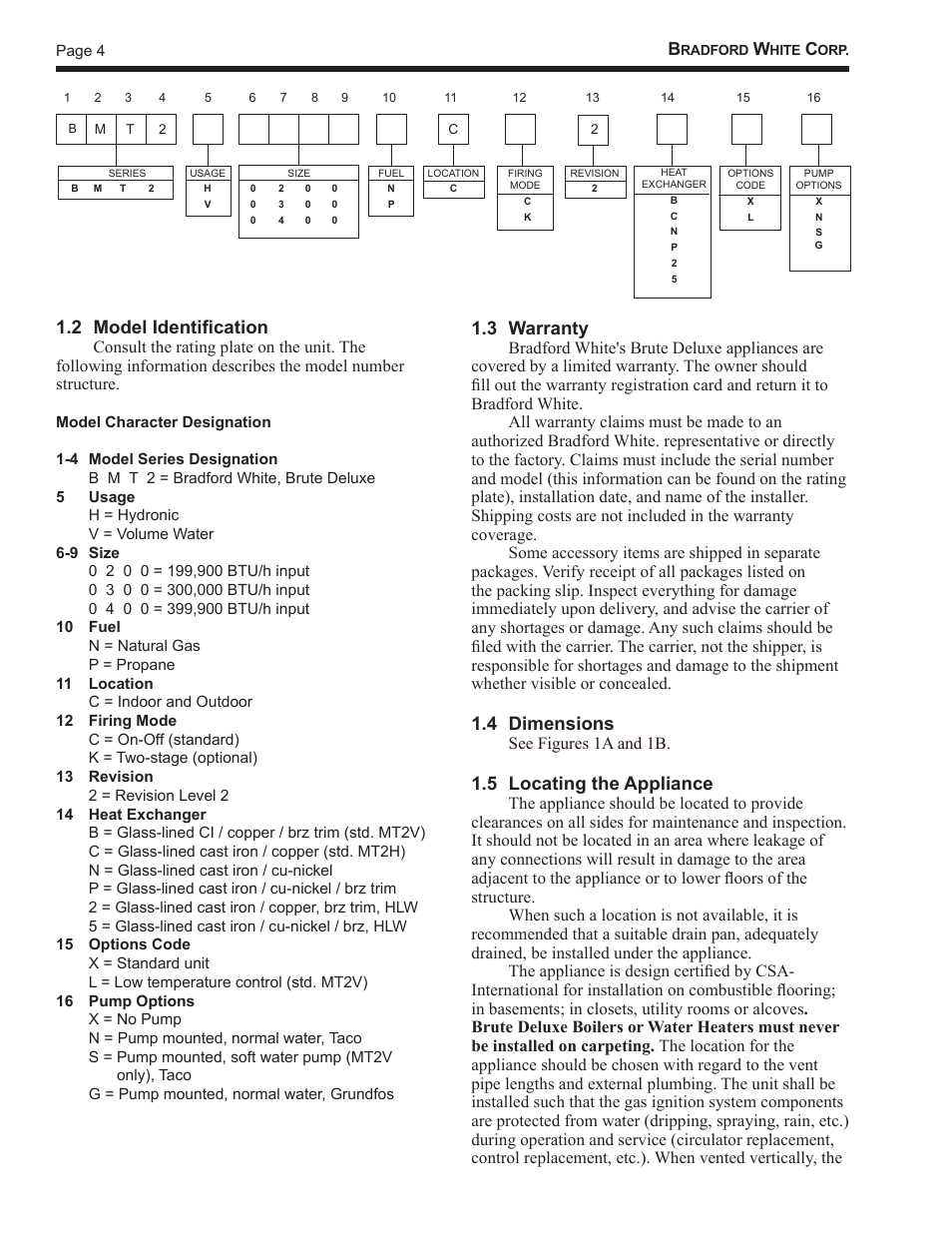 2 model identification, 3 warranty, 4 dimensions | 5 locating the appliance | Bradford White BMT2V0400 User Manual | Page 4 / 42