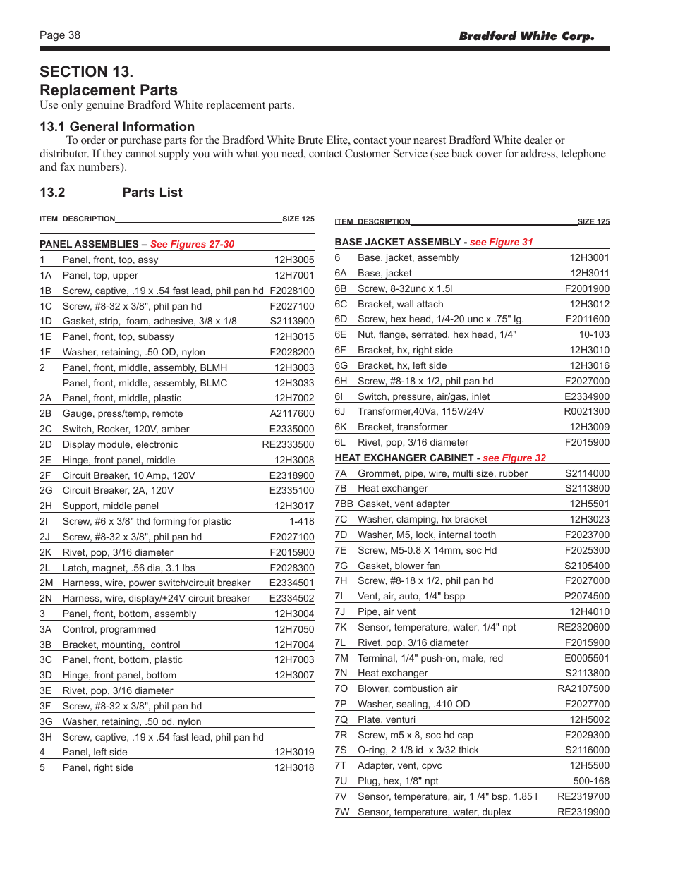 2 parts list, 1 general information | Bradford White BLMC125NA User Manual | Page 40 / 52