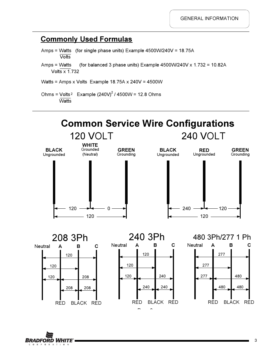 120 volt, 240 volt, 208 3ph | 240 3ph common service wire configurations, Commonly used formulas | Bradford White DB-80R3DS User Manual | Page 3 / 40