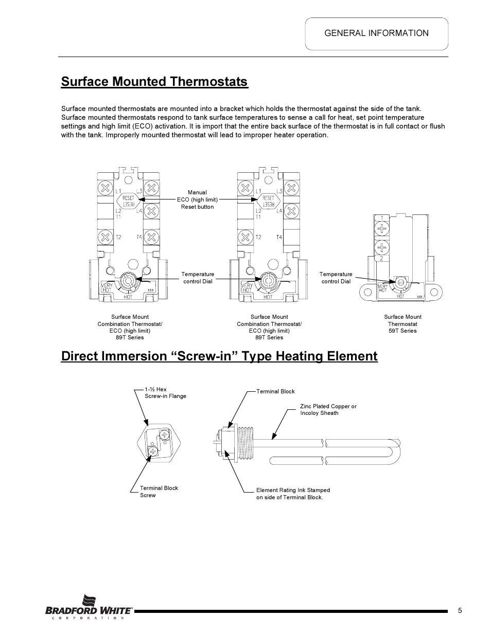 Surface mounted thermostats, Direct immersion “screw-in” type heating element, General information | Page 5 | Bradford White DB-80R3DS User Manual | Page 5 / 40